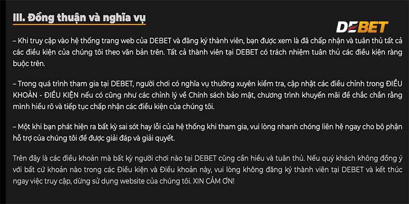 Chính sách bảo mật Debet- Uy tín trách nhiệm 3 Nghĩa vụ của người chơi đối với chính sách tại Debet.
